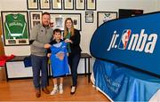 1 April 2022; In attendance at the draw for the 2022 Jr NBA Draft at the National Basketball Arena in Dublin, are, from left to right, Daryl Lambe, Basketball Ireland, Sean Murphy, age 12, and Sinead Joyce, Marketing Manager, DeCare Dental. Photo by Ramsey Cardy/Sportsfile