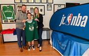 1 April 2022; In attendance at the draw for the 2022 Jr NBA Draft at the National Basketball Arena in Dublin, are, from left to right, Daryl Lambe, Basketball Ireland, Emma Murphy, age 10, and Sinead Joyce, Marketing Manager, DeCare Dental. Photo by Ramsey Cardy/Sportsfile