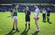 27 March 2022; Referee David Coldrick performs the coin toss in the company of team captains Joe O'Connor of Kerry, left, and Padraig Hampsey of Tyrone before the Allianz Football League Division 1 match between Kerry and Tyrone at Fitzgerald Stadium in Killarney, Kerry. Photo by Brendan Moran/Sportsfile