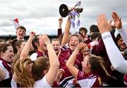 1 April 2022; Coláiste Oiriall captain Uainín Ní Chongaile celebrates with the trophy after the Lidl All Ireland Post Primary Schools Senior ‘B’ Championship Final match between Mount Saint Michael, Claremorris, Mayo and Coláiste Oiriall, Monaghan, at Glennon Brothers Pearse Park in Longford. Photo by Ramsey Cardy/Sportsfile