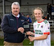 1 April 2022; Sacred Heart Secondary player Millie Condon is presented with the player of the match award by Robbie Smith, Munster LGFA President and Vice President of the Ladies Gaelic Football Association after the Lidl All Ireland Post Primary Schools Senior ‘C’ Championship Final match between Our Lady's Bower, Athlone, Westmeath and Sacred Heart Secondary, Clonakilty, Cork at Sean Treacy Park in Tipperary Town. Photo by Ray McManus/Sportsfile