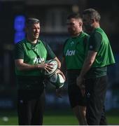 26 March 2022; Ireland head coach Greg McWilliams, left, with assistant coaches Rob Sweeney, centre, and Dave Gannon before the TikTok Women's Six Nations Rugby Championship match between Ireland and Wales at RDS Arena in Dublin. Photo by David Fitzgerald/Sportsfile