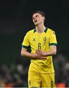 29 March 2022; Benas Satkus of Lithuania dejected after his side's defeat in the international friendly match between Republic of Ireland and Lithuania at the Aviva Stadium in Dublin. Photo by Sam Barnes/Sportsfile