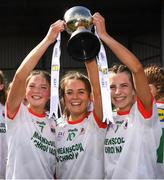 1 April 2022; Maeve Kingston, 7, Roisin Ni Bhuacalla, centre, and Aisling Moloney of Sacred Heart Secondary with the cup after the Lidl All Ireland Post Primary Schools Senior ‘C’ Championship Final match between Our Lady's Bower, Athlone, Westmeath and Sacred Heart Secondary, Clonakilty, Cork at Sean Treacy Park in Tipperary Town. Photo by Ray McManus/Sportsfile