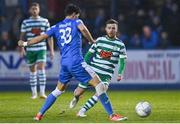 1 April 2022; Jack Byrne of Shamrock Rovers in action against Filip Mihaljevic of Finn Harps during the SSE Airtricity League Premier Division match between Finn Harps and Shamrock Rovers at Finn Park in Ballybofey, Donegal. Photo by Ramsey Cardy/Sportsfile