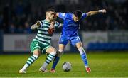 1 April 2022; Lee Grace of Shamrock Rovers in action against Filip Mihaljevic of Finn Harps during the SSE Airtricity League Premier Division match between Finn Harps and Shamrock Rovers at Finn Park in Ballybofey, Donegal. Photo by Ramsey Cardy/Sportsfile