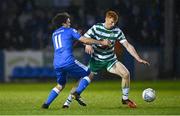 1 April 2022; Rory Gaffney of Shamrock Rovers in action against Barry McNamee of Finn Harps during the SSE Airtricity League Premier Division match between Finn Harps and Shamrock Rovers at Finn Park in Ballybofey, Donegal. Photo by Ramsey Cardy/Sportsfile