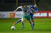 1 April 2022; Ronan Finn of Shamrock Rovers in action against Filip Mihaljevic of Finn Harps during the SSE Airtricity League Premier Division match between Finn Harps and Shamrock Rovers at Finn Park in Ballybofey, Donegal. Photo by Ramsey Cardy/Sportsfile