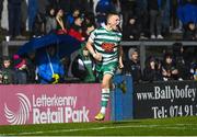 1 April 2022; Andy Lyons of Shamrock Rovers celebrates after scoring his side's first goal during the SSE Airtricity League Premier Division match between Finn Harps and Shamrock Rovers at Finn Park in Ballybofey, Donegal. Photo by Ramsey Cardy/Sportsfile
