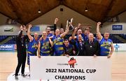 1 April 2022; UCD Lions players celebrate with the cup after winning the InsureMyHouse.ie Masters Over 50’s Men National Cup Final match between Killarney Cougars and UCD Lions at the National Basketball Arena in Dublin. Photo by Sam Barnes/Sportsfile