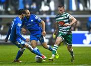 1 April 2022; Andy Lyons of Shamrock Rovers in action against Filip Mihaljevic of Finn Harps, left, during the SSE Airtricity League Premier Division match between Finn Harps and Shamrock Rovers at Finn Park in Ballybofey, Donegal. Photo by Ramsey Cardy/Sportsfile