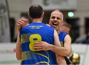 1 April 2022; UCD Lions players Dejan Nedic, right, and Tony Dunne celebrate after winning the InsureMyHouse.ie Masters Over 50’s Men National Cup Final match between Killarney Cougars and UCD Lions at the National Basketball Arena in Dublin. Photo by Sam Barnes/Sportsfile