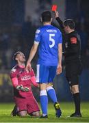 1 April 2022; Finn Harps goalkeeper Mark McGinley, left, is shown a red card by referee Robert Harvey during the SSE Airtricity League Premier Division match between Finn Harps and Shamrock Rovers at Finn Park in Ballybofey, Donegal. Photo by Ramsey Cardy/Sportsfile