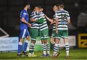 1 April 2022; Graham Burke of Shamrock Rovers, centre, celebrates with teammate Richie Towell, left, after scoring their side's third goal during the SSE Airtricity League Premier Division match between Finn Harps and Shamrock Rovers at Finn Park in Ballybofey, Donegal. Photo by Ramsey Cardy/Sportsfile