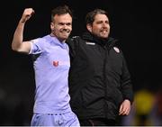 1 April 2022; Cameron Dummigan of Derry City and Derry City manager Ruaidhrí Higgins celebrate after their side's victory in the SSE Airtricity League Premier Division match between Bohemians and Derry City at Dalymount Park in Dublin. Photo by Harry Murphy/Sportsfile