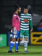 1 April 2022; Graham Burke of Shamrock Rovers, right, with Bastien Héry of Finn Harps, after scoring his side's third goal from a penalty during the SSE Airtricity League Premier Division match between Finn Harps and Shamrock Rovers at Finn Park in Ballybofey, Donegal. Photo by Ramsey Cardy/Sportsfile