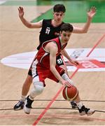 2 April 2022; Daire Murray of Templeogue BC in action against Diarmuid Flood of Sligo All-Stars during the InsureMyVan.ie Men’s U20 National League Plate Final match between Sligo All-Stars and Templeogue BC, Dublin, at the National Basketball Arena in Dublin. Photo by Brendan Moran/Sportsfile