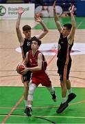 2 April 2022; Daire Murray of Templeogue BC in action against Josh Henry and Ryan Young of Sligo All-Stars during the InsureMyVan.ie Men’s U20 National League Plate Final match between Sligo All-Stars and Templeogue BC, Dublin, at the National Basketball Arena in Dublin. Photo by Brendan Moran/Sportsfile