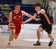 2 April 2022; Cian Finn of Templeogue BC in action against Ryan Cummins of Sligo All-Stars during the InsureMyVan.ie Men’s U20 National League Plate Final match between Sligo All-Stars and Templeogue BC, Dublin, at the National Basketball Arena in Dublin. Photo by Brendan Moran/Sportsfile