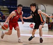 2 April 2022; Cian Finn of Templeogue BC in action against Ryan Cummins of Sligo All-Stars during the InsureMyVan.ie Men’s U20 National League Plate Final match between Sligo All-Stars and Templeogue BC, Dublin, at the National Basketball Arena in Dublin. Photo by Brendan Moran/Sportsfile