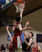 2 April 2022; Callum McGrail of Templeogue blocks the shot of Josh Henry of Sligo All-Stars during the InsureMyVan.ie Men’s U20 National League Plate Final match between Sligo All-Stars and Templeogue BC, Dublin, at the National Basketball Arena in Dublin. Photo by Daniel Tutty/Sportsfile