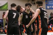 2 April 2022; Diarmuid Flood of Sligo All-Stars celebrates with teammates after drawing a foul during the InsureMyVan.ie Men’s U20 National League Plate Final match between Sligo All-Stars and Templeogue BC, Dublin, at the National Basketball Arena in Dublin. Photo by Daniel Tutty/Sportsfile