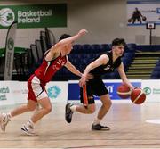 2 April 2022; Diarmuid Flood of Sligo All-Stars in action against Cian Finn of Templeogue during the InsureMyVan.ie Men’s U20 National League Plate Final match between Sligo All-Stars and Templeogue BC, Dublin, at the National Basketball Arena in Dublin. Photo by Daniel Tutty/Sportsfile