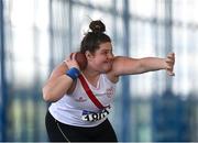 2 April 2022; Aoife Giles of Cranford AC, Donegal, competing in the girls U19 shot put during day three of the Irish Life Health National Juvenile Indoor Championships at TUS International Arena in Athlone, Westmeath. Photo by Sam Barnes/Sportsfile
