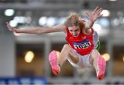 2 April 2022; Peter Gray of City of Lisburn AC, Down, competing in the boys U18 triple jump  during day three of the Irish Life Health National Juvenile Indoor Championships at TUS International Arena in Athlone, Westmeath. Photo by Sam Barnes/Sportsfile