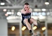 2 April 2022; Keelin Roche of St Senans, Kilkenny, competing in the boys U18 triple jump during day three of the Irish Life Health National Juvenile Indoor Championships at TUS International Arena in Athlone, Westmeath. Photo by Sam Barnes/Sportsfile