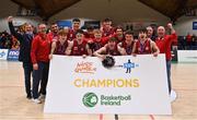 2 April 2022; The Templeogue BC team celebrate with the plate after the InsureMyVan.ie Men’s U20 National League Plate Final match between Sligo All-Stars and Templeogue BC, Dublin, at the National Basketball Arena in Dublin. Photo by Brendan Moran/Sportsfile