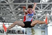 2 April 2022; Daniel Quirk of Greystones and District AC, Wicklow, competing in the boys U17 long jump during day three of the Irish Life Health National Juvenile Indoor Championships at TUS International Arena in Athlone, Westmeath. Photo by Sam Barnes/Sportsfile