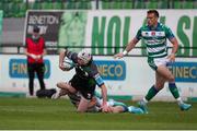 2 April 2022; Mack Hansen of Connacht is tackled during the United Rugby Championship match between Benetton and Connacht at Stadio di Monigo in Treviso, Italy. Photo by Roberto Bregani/Sportsfile