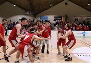 2 April 2022; Templeogue players celebrate with the plate after the InsureMyVan.ie Men’s U20 National League Plate Final match between Sligo All-Stars and Templeogue BC, Dublin, at the National Basketball Arena in Dublin. Photo by Daniel Tutty/Sportsfile
