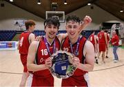 2 April 2022; Daniel Cassidy and Cian Finn of Templeogue celebrate with the plate after the InsureMyVan.ie Men’s U20 National League Plate Final match between Sligo All-Stars and Templeogue BC, Dublin, at the National Basketball Arena in Dublin. Photo by Daniel Tutty/Sportsfile