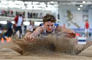 2 April 2022; Eoin McGreal of Claremorris AC, Mayo, competing in the boys U17 long jump during day three of the Irish Life Health National Juvenile Indoor Championships at TUS International Arena in Athlone, Westmeath. Photo by Sam Barnes/Sportsfile