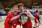 2 April 2022; Zack Collins and Evan O'Toole of Templeogue celebrate with the plate after the InsureMyVan.ie Men’s U20 National League Plate Final match between Sligo All-Stars and Templeogue BC, Dublin, at the National Basketball Arena in Dublin. Photo by Daniel Tutty/Sportsfile