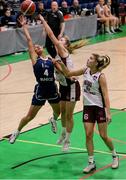 2 April 2022; Lexi Posset of Ulster University has her shot blocked by Kara McCleane of NUIG Mystics during the MissQuote.ie Division 1 League Cup Final match between NUIG Mystics, Galway and Ulster University, Antrim, at the National Basketball Arena in Dublin. Photo by Daniel Tutty/Sportsfile