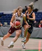 2 April 2022; Kara McCleane of NUIG Mystics in action against Lexi Posset of Ulster University during the MissQuote.ie Division 1 League Cup Final match between NUIG Mystics, Galway and Ulster University, Antrim, at the National Basketball Arena in Dublin. Photo by Brendan Moran/Sportsfile