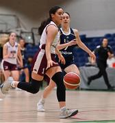2 April 2022; Hazel Finn of NUIG Mystics in action against Naoishe Burns of Ulster University during the MissQuote.ie Division 1 League Cup Final match between NUIG Mystics, Galway and Ulster University, Antrim, at the National Basketball Arena in Dublin. Photo by Brendan Moran/Sportsfile