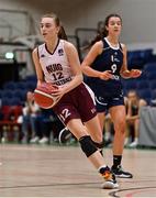 2 April 2022; Courtney Cecere of NUIG Mystics in action against Ciara White of Ulster University during the MissQuote.ie Division 1 League Cup Final match between NUIG Mystics, Galway and Ulster University, Antrim, at the National Basketball Arena in Dublin. Photo by Brendan Moran/Sportsfile
