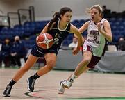 2 April 2022; Ciara White of Ulster University in action against Alison Blaney of NUIG Mystics during the MissQuote.ie Division 1 League Cup Final match between NUIG Mystics, Galway and Ulster University, Antrim, at the National Basketball Arena in Dublin. Photo by Brendan Moran/Sportsfile