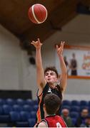 2 April 2022; Eoghan Donaghy of Sligo All-Stars shoots a basket during the InsureMyVan.ie Men’s U20 National League Plate Final match between Sligo All-Stars and Templeogue BC, Dublin, at the National Basketball Arena in Dublin. Photo by Brendan Moran/Sportsfile