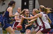 2 April 2022; Alexandra Mulligan of Ulster University in action against Ava McCleane of NUIG Mystics during the MissQuote.ie Division 1 League Cup Final match between NUIG Mystics, Galway and Ulster University, Antrim, at the National Basketball Arena in Dublin. Photo by Brendan Moran/Sportsfile