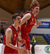 2 April 2022; Daire Murray, left, and Daniel Cassidy of Templeogue BC celebrate at the final buzzer of the InsureMyVan.ie Men’s U20 National League Plate Final match between Sligo All-Stars and Templeogue BC, Dublin, at the National Basketball Arena in Dublin. Photo by Brendan Moran/Sportsfile