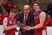 2 April 2022; Jack Murphy, left, and Daniel Cassidy of Templeogue BC are presented with the plate by Gerry Kelly of Basketball Ireland after the InsureMyVan.ie Men’s U20 National League Plate Final match between Sligo All-Stars and Templeogue BC, Dublin, at the National Basketball Arena in Dublin. Photo by Brendan Moran/Sportsfile