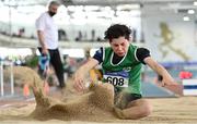 2 April 2022; Tadhg Stephenson Wong of Cabinteely AC, Dublin, competing in the boys U16 long jump during day three of the Irish Life Health National Juvenile Indoor Championships at TUS International Arena in Athlone, Westmeath. Photo by Sam Barnes/Sportsfile