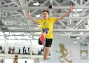 2 April 2022; Darragh Fahey of Loughrea AC, Galway,  competing in the boys U16 long jump during day three of the Irish Life Health National Juvenile Indoor Championships at TUS International Arena in Athlone, Westmeath. Photo by Sam Barnes/Sportsfile