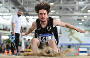 2 April 2022; Jayden Booth of Loughview AC, Down, competing in the boys U16 long jump during day three of the Irish Life Health National Juvenile Indoor Championships at TUS International Arena in Athlone, Westmeath. Photo by Sam Barnes/Sportsfile