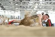 2 April 2022; Conor McDonagh of South Sligo AC, competing in the boys U16 long jump during day three of the Irish Life Health National Juvenile Indoor Championships at TUS International Arena in Athlone, Westmeath. Photo by Sam Barnes/Sportsfile